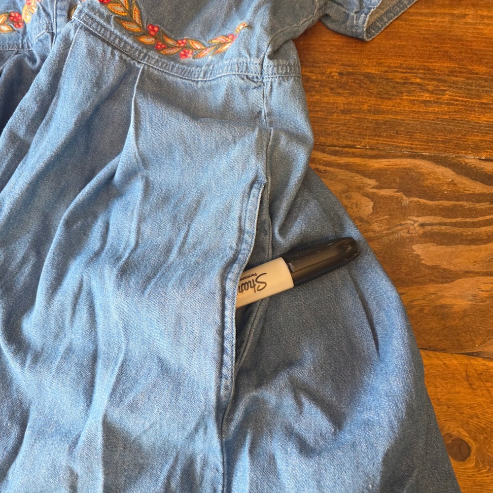 Karen Scott L Denim Dress Floral Embroidered Button Front Short Sleeve midi maxi - Picture 9 of 11